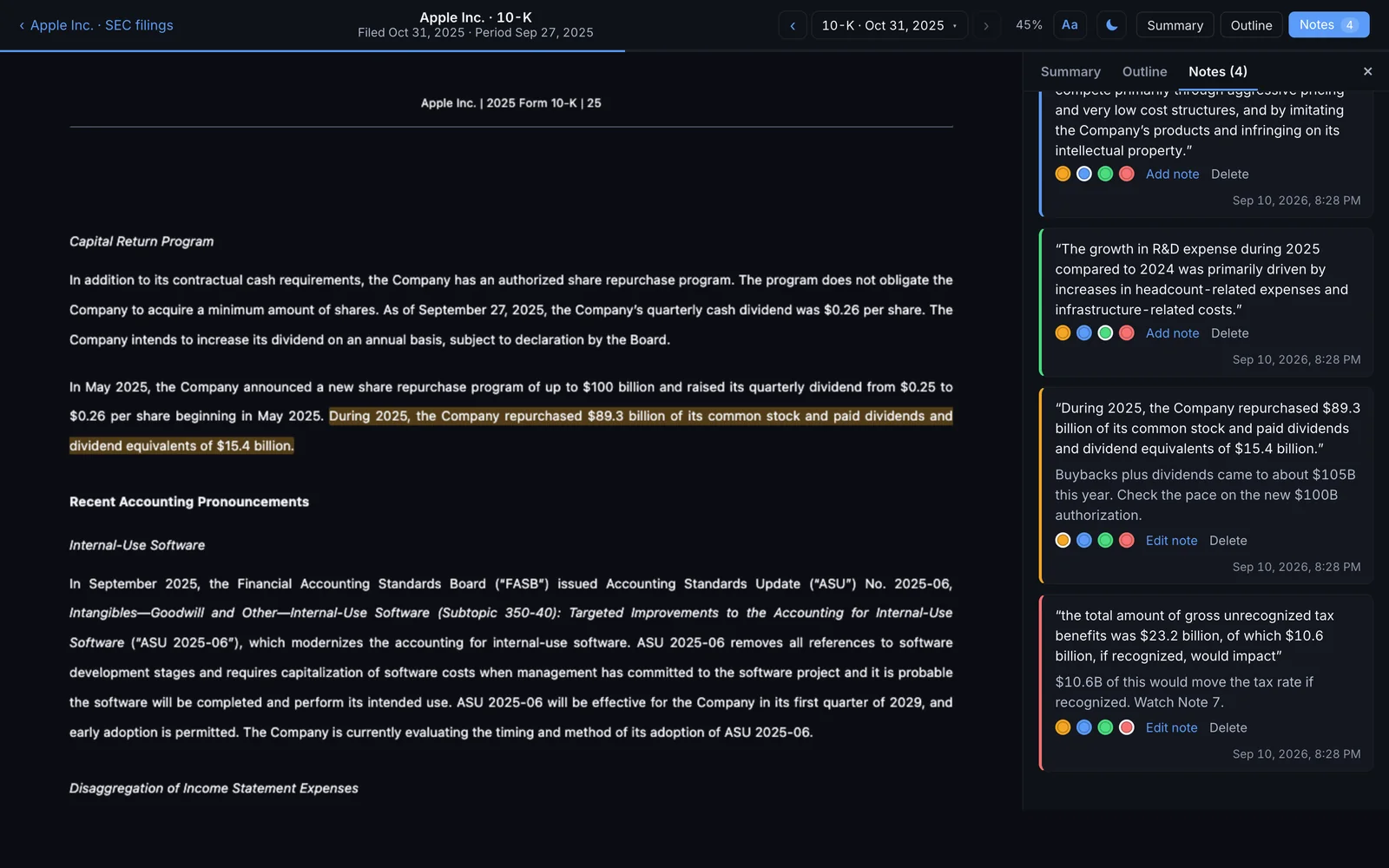 Apple's 10-K in the Fundalyze reader: four highlights in different colors, with a note on the buyback passage in the notes panel.